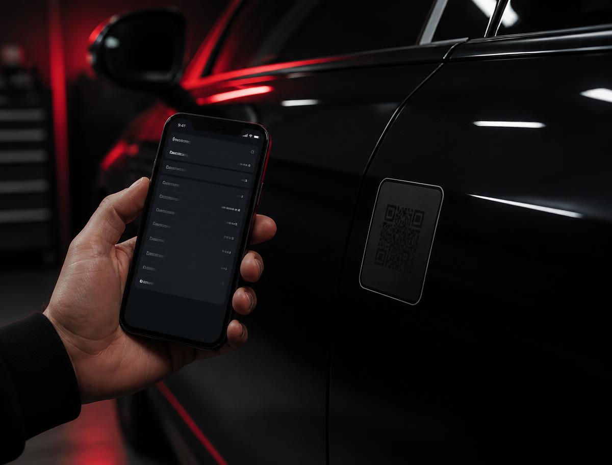 Phone scanning a vehicle protection badge to view its protection record